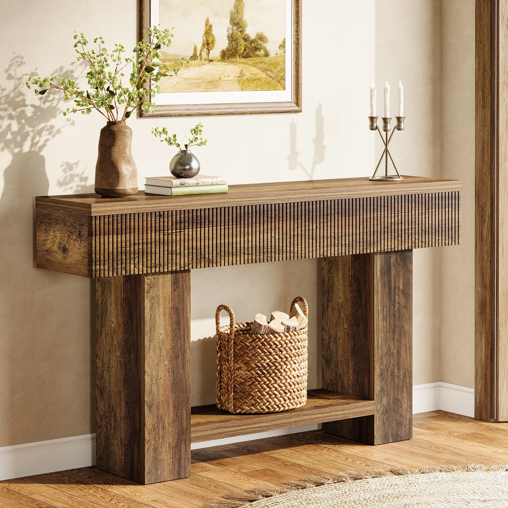 Console Table Martin — rustic reeded console table with two-tier storage shelf
