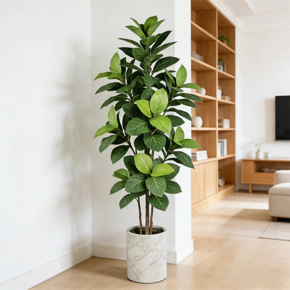 Faux ficus stem Brigita in a stone planter in a bright living room