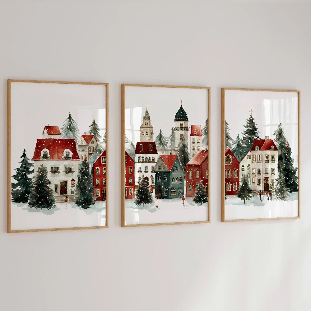 Wall Art Mikuláš – three framed prints on a grey wall