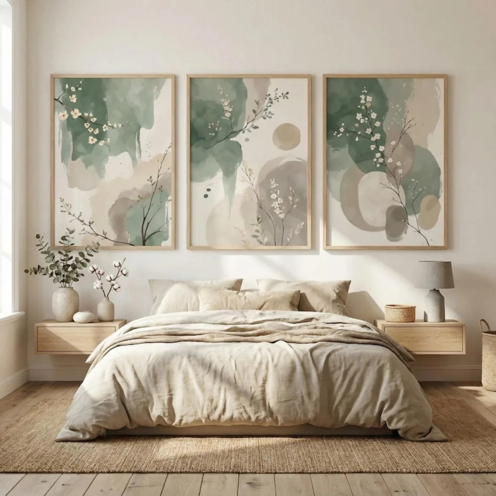Wall Art Hortenzia – sage watercolour prints above a bed