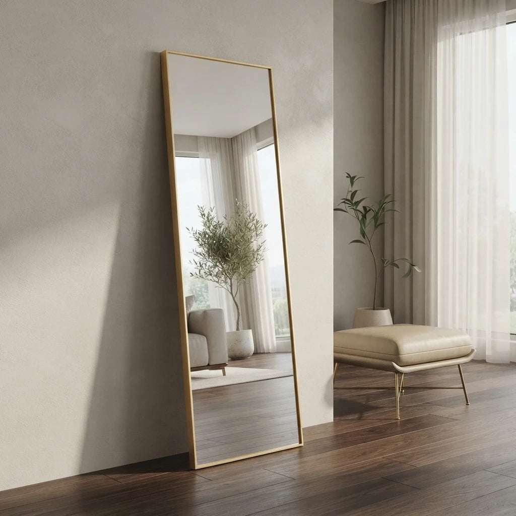Standing Mirror Ivona leaning against a wall in a bright living space
