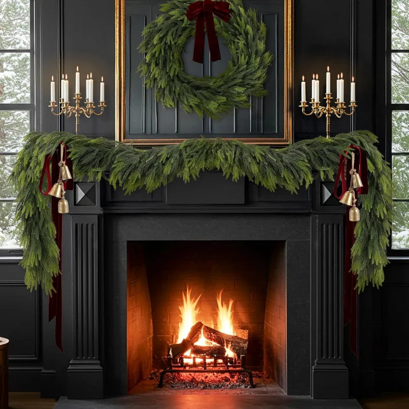 Norfolk pine garland Juliána on a black fireplace mantel