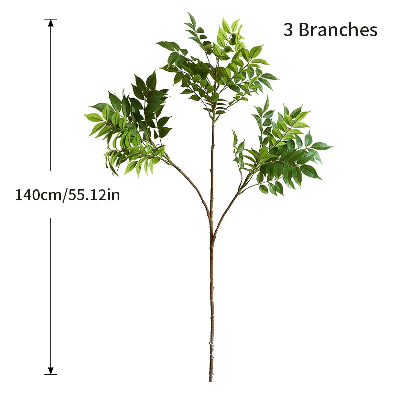 Tall faux leaf branch, 140 cm with 3 branches, size diagram