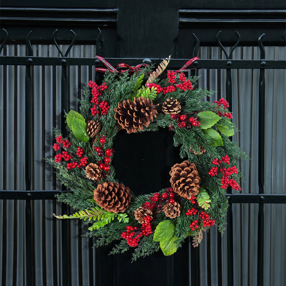 Christmas Wreath Agnesa – Cypress & Pine Cone wreath hung on a gate
