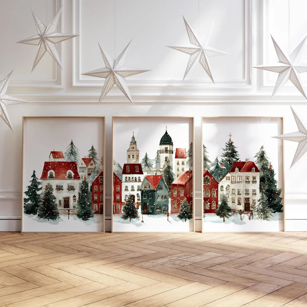 Wall Art Mikuláš – three framed village prints leaning against a wall