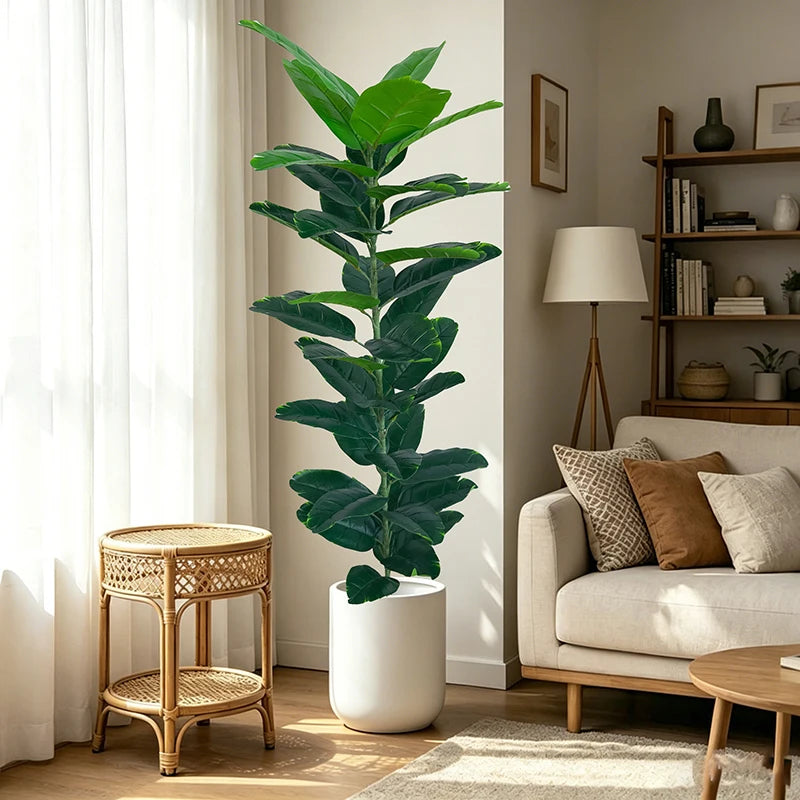 Artificial fiddle-leaf fig Anežka in a living room with a rattan side table