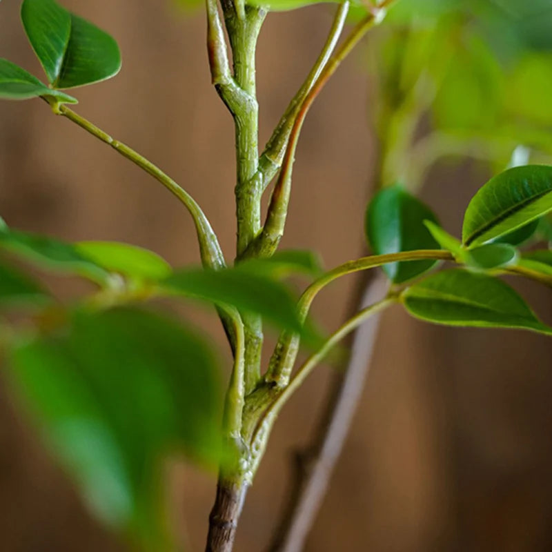 Close-up of faux leaf branch stem and leaves