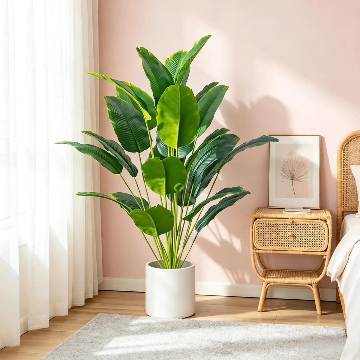 Bird of Paradise Rebeka, large faux leaf plant, detail view