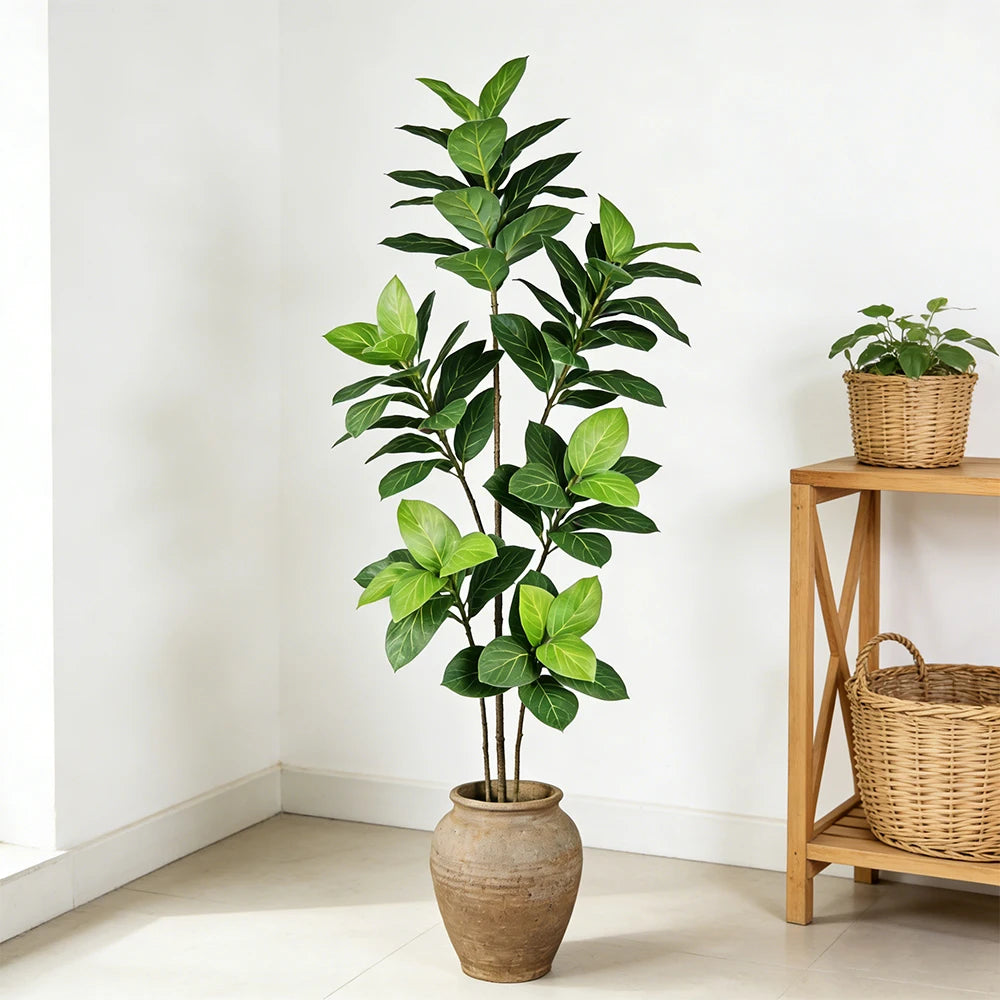 Faux ficus stem Brigita in a clay pot beside a wooden shelf