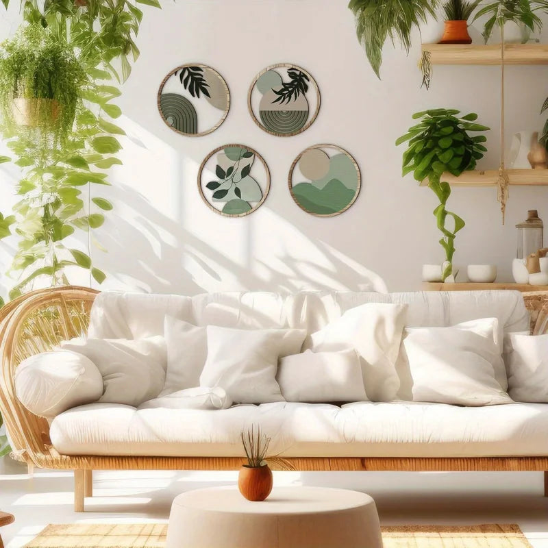 Round wooden wall pieces hung above a sofa with plants