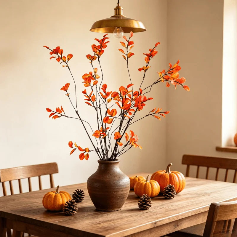 Autumn branches in a brown vase on a wooden table with pumpkins