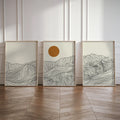 Wall Art Matej in Contour Hills – three line-art mountain prints with a sun