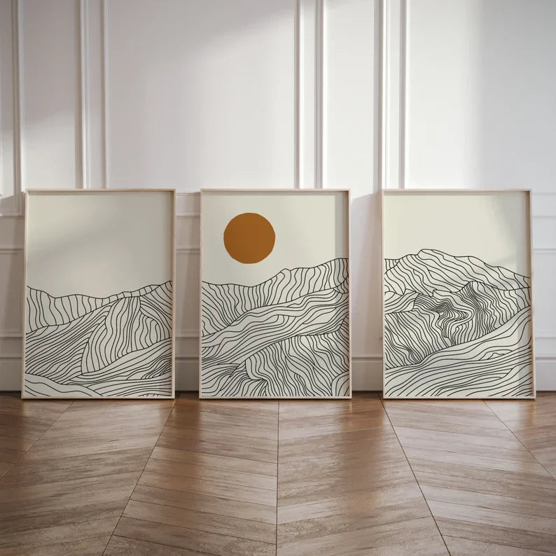 Wall Art Matej in Contour Hills – three line-art mountain prints with a sun
