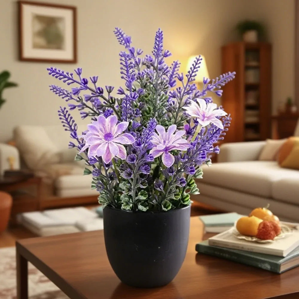 Artificial lavender in a black pot on a coffee table in a living room