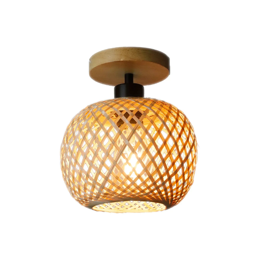 Pendant Lamp Rudolf, round woven bamboo shade with wooden ceiling plate, flush mount