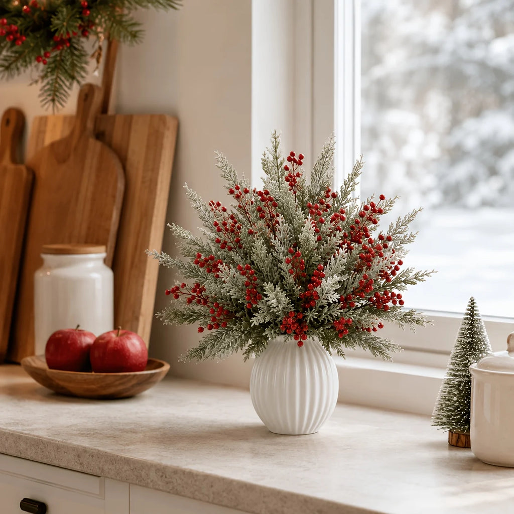 Snowy pine and red berry stems in a vase on a kitchen counter