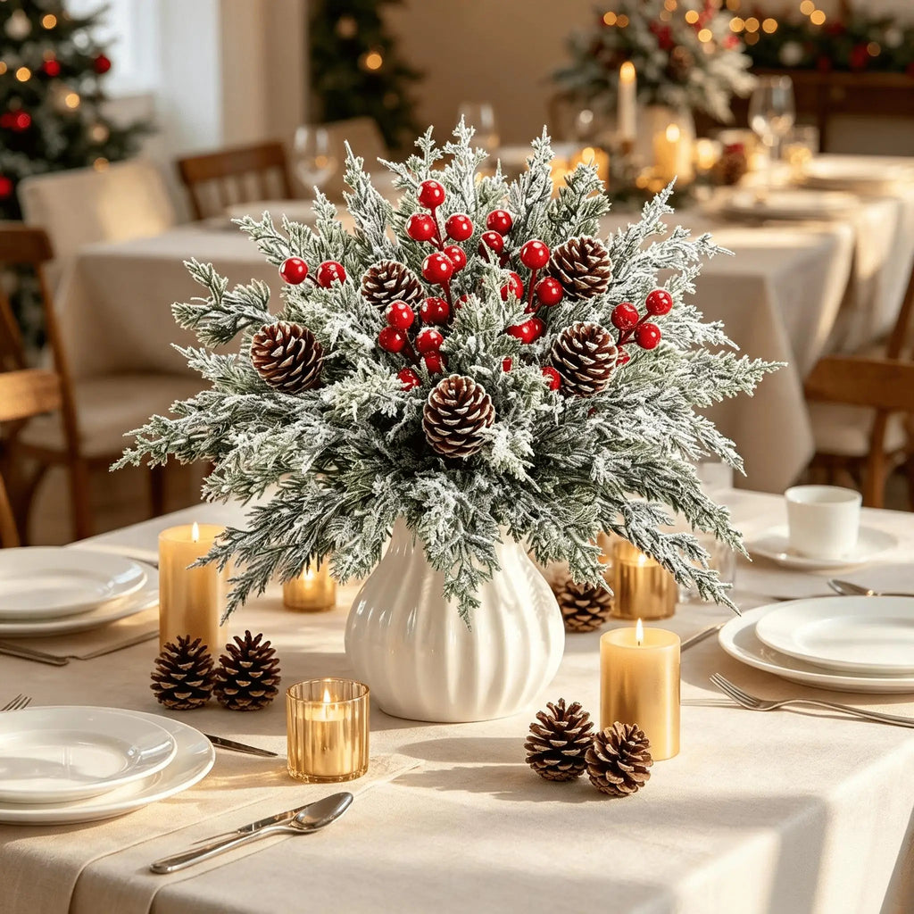 Pine, berry and cone arrangement as a table centrepiece with plates and candles