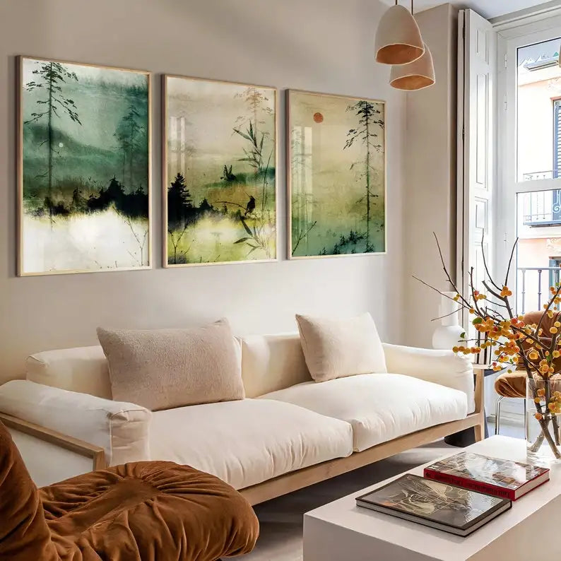 Wall Art Kvetoslava – three green bamboo landscape prints above a sofa