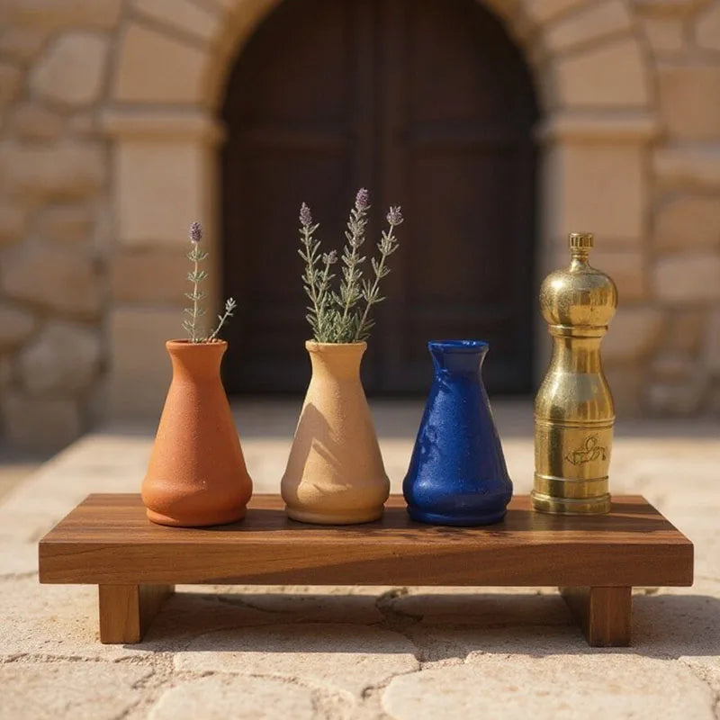 Dark brown wooden stand tray with small vases on top