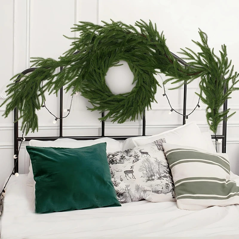 Pine Garland Viktória – garland above a bed headboard