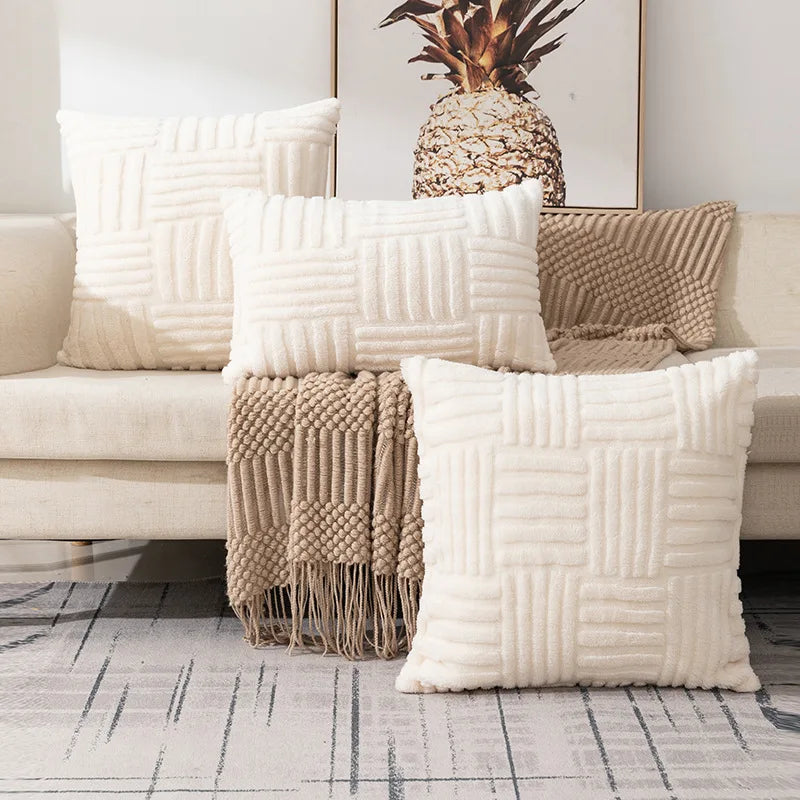 Cushion Cover Romana in beige on a cream sofa