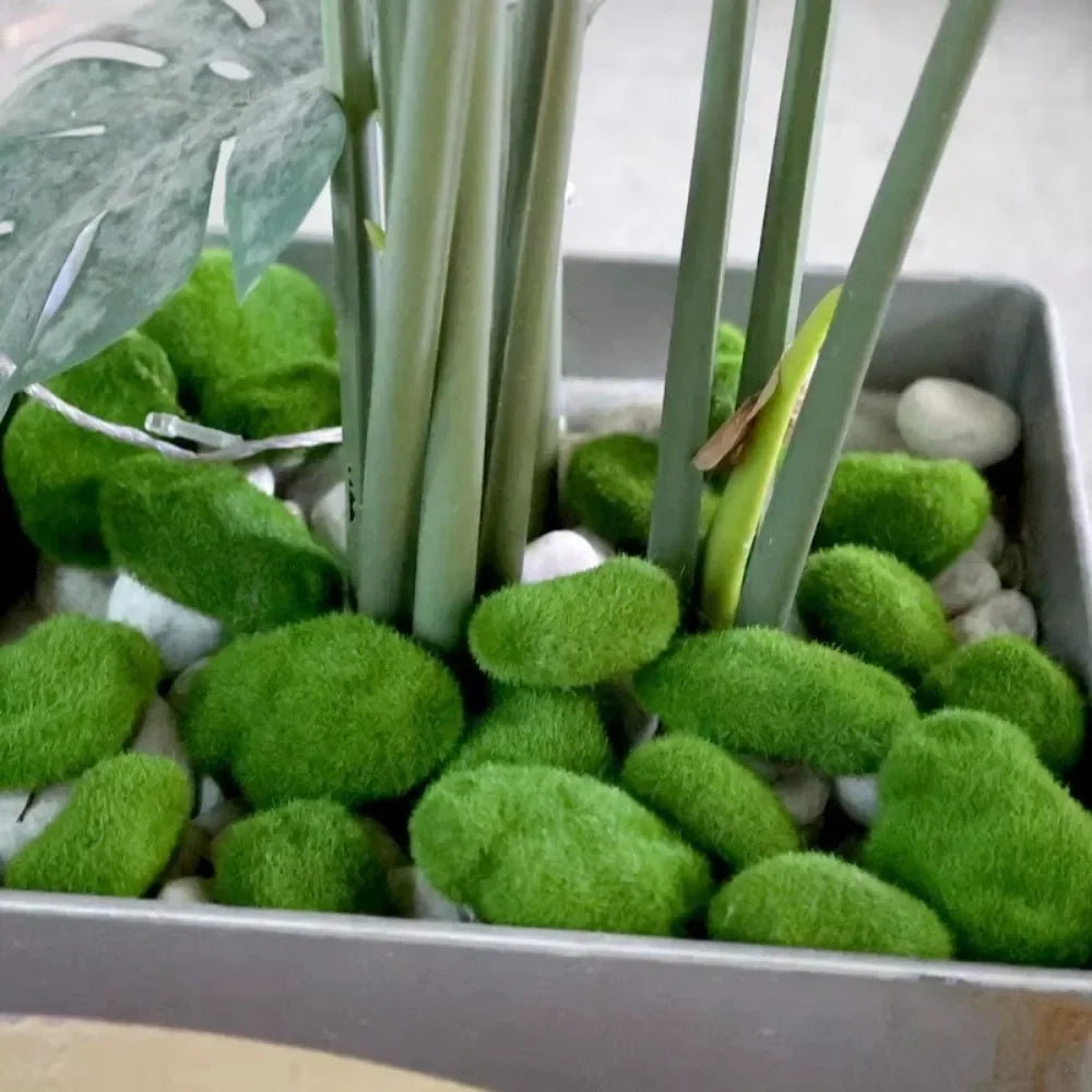 Faux moss rocks covering the soil of a large planter with tall green stems