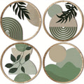 Set of four round wooden wall pieces in sage and sand, front view