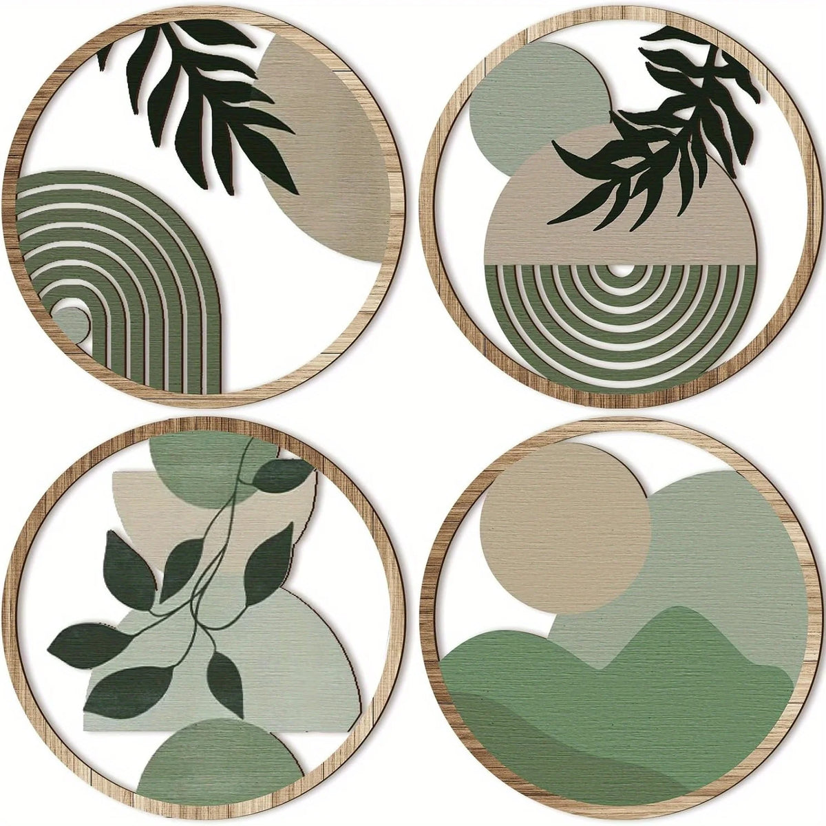 Set of four round wooden wall pieces in sage and sand, front view