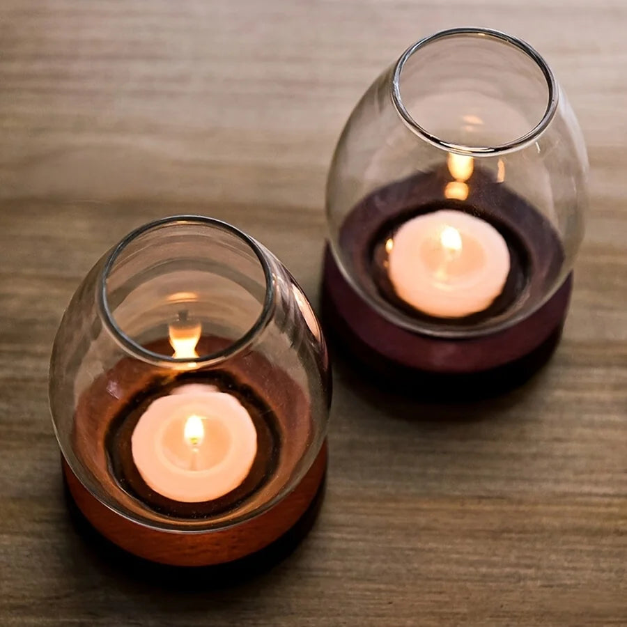 Candle Holder Kevin, clear glass dome tealight holder on a wood base