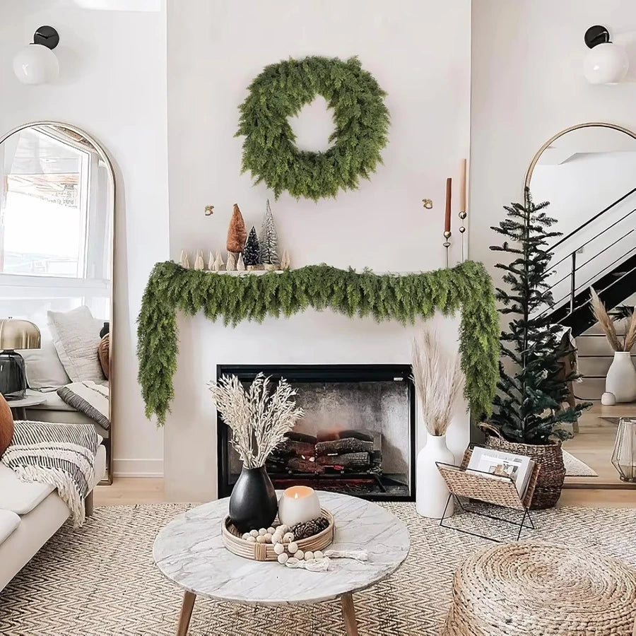 Cypress Garland Silvester – garland on a white fireplace in a living room