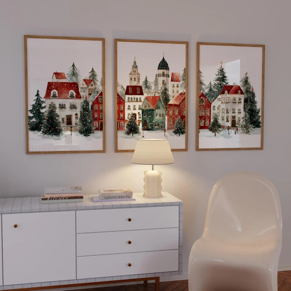 Wall Art Mikuláš – prints above a white sideboard
