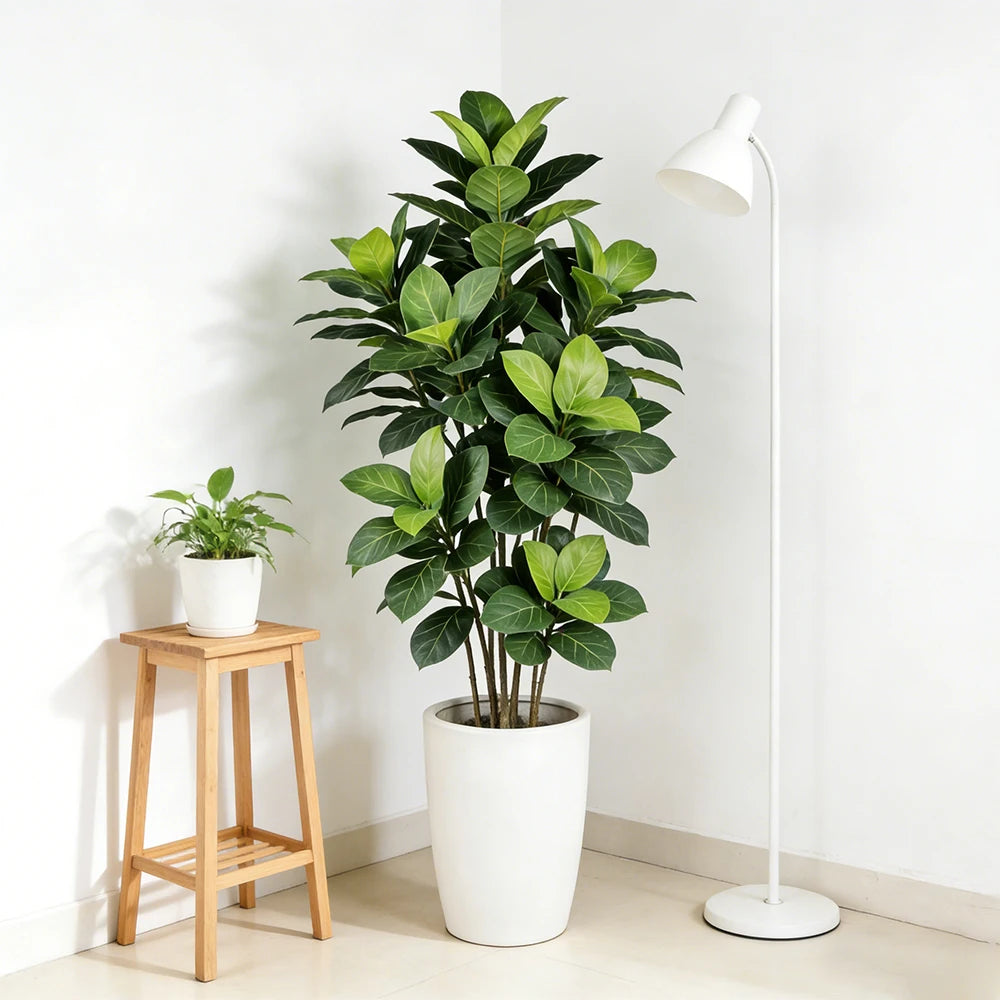 Faux ficus stem Brigita in a white planter next to a side table and floor lamp