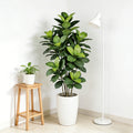 Faux ficus stem Brigita in a white planter next to a side table and floor lamp