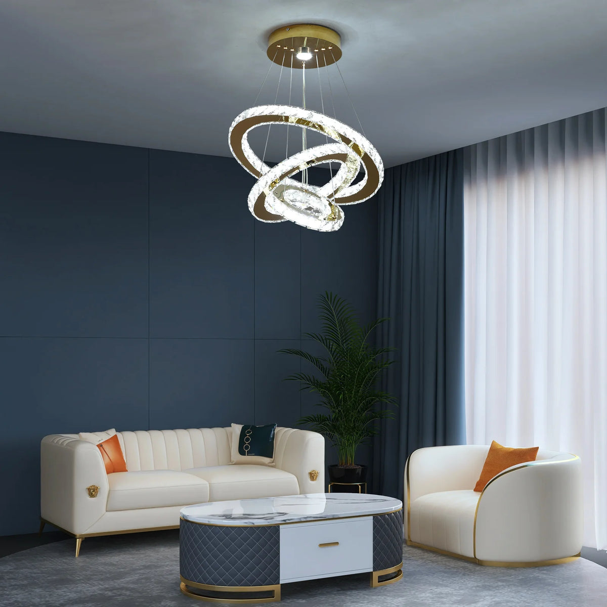 Chandelier Soňa hanging above a coffee table