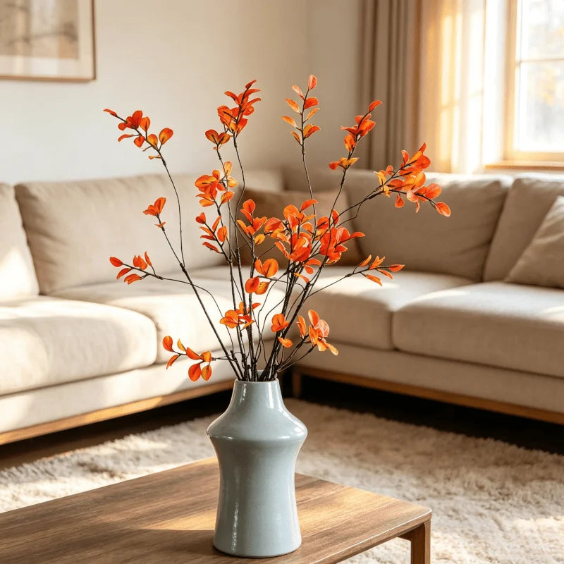 Autumn branches in a grey vase in a living room