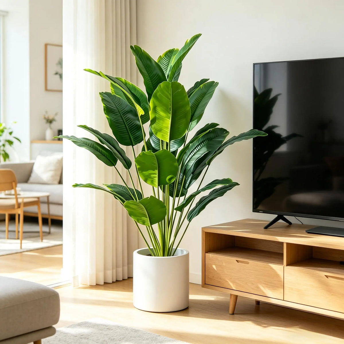 Bird of Paradise Rebeka, large faux leaf plant, detail view