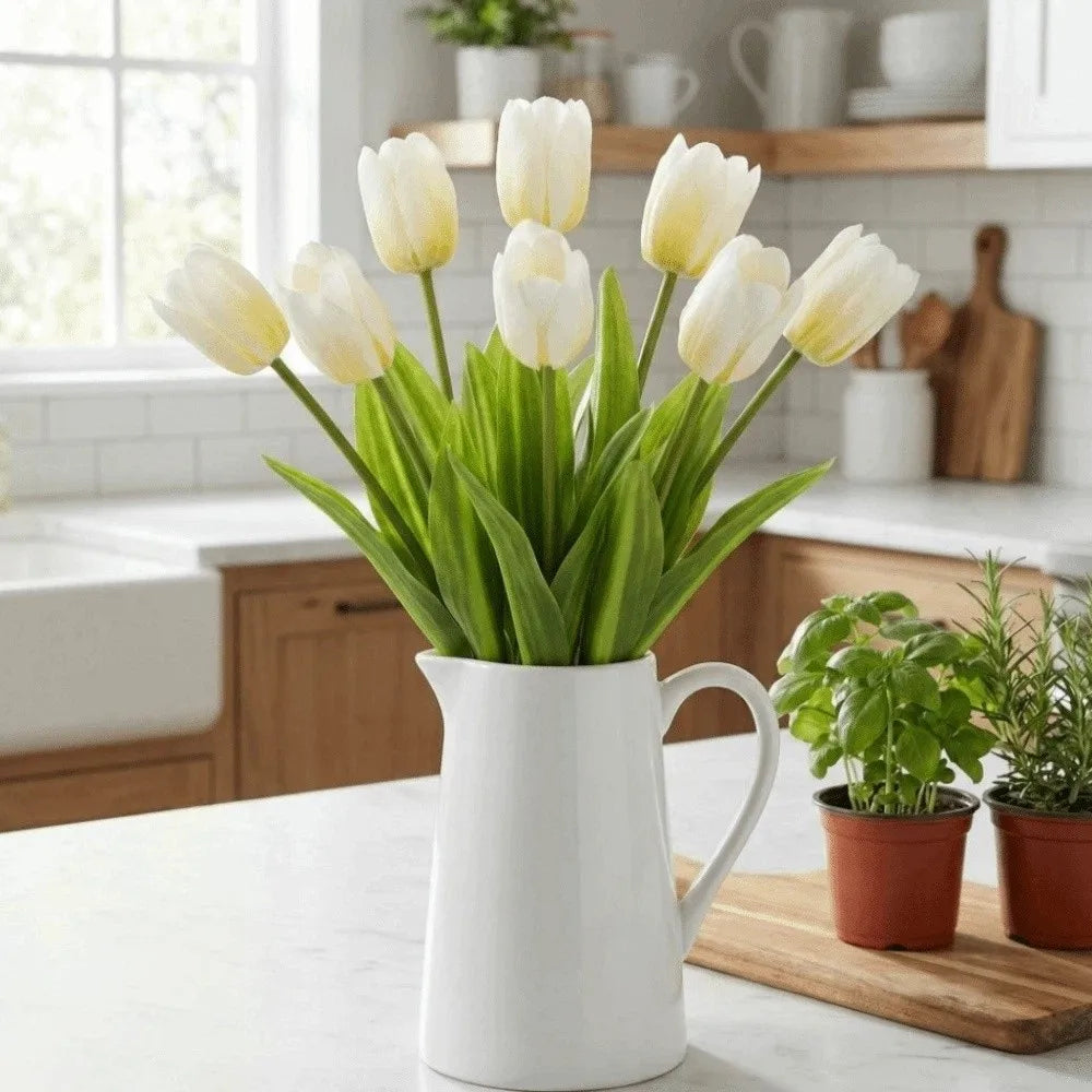 White real-touch tulips in a white jug