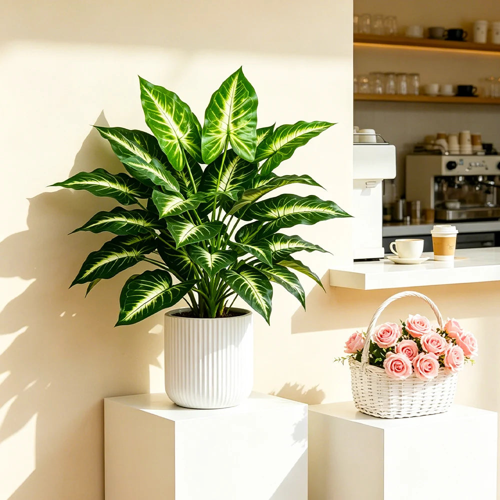 Small faux leaf plant on a cafe counter