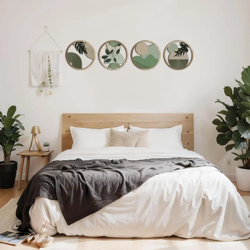 Round wooden wall pieces hung above a bed