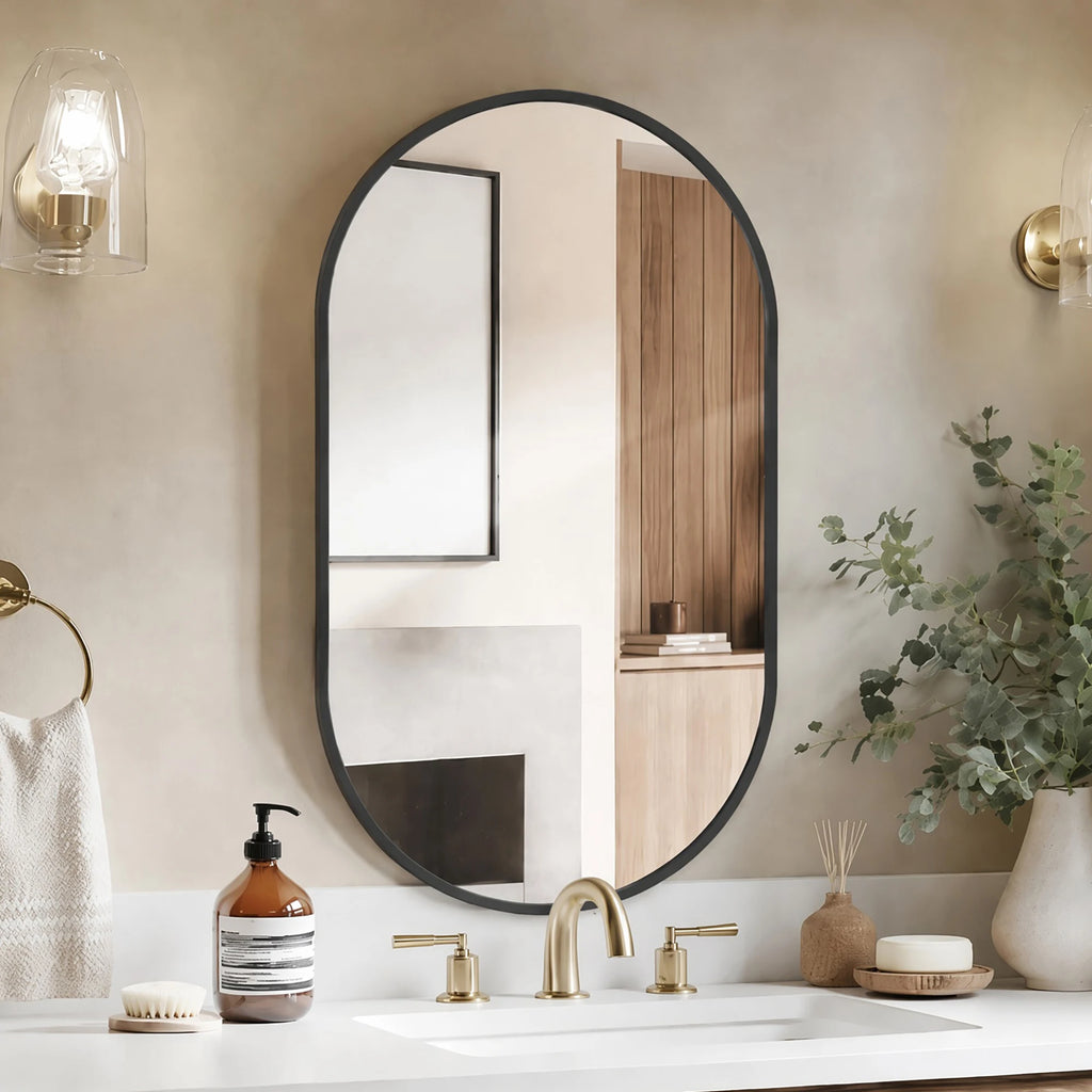 Wall Mirror Simona — slim oval mirror in a matte black aluminium frame