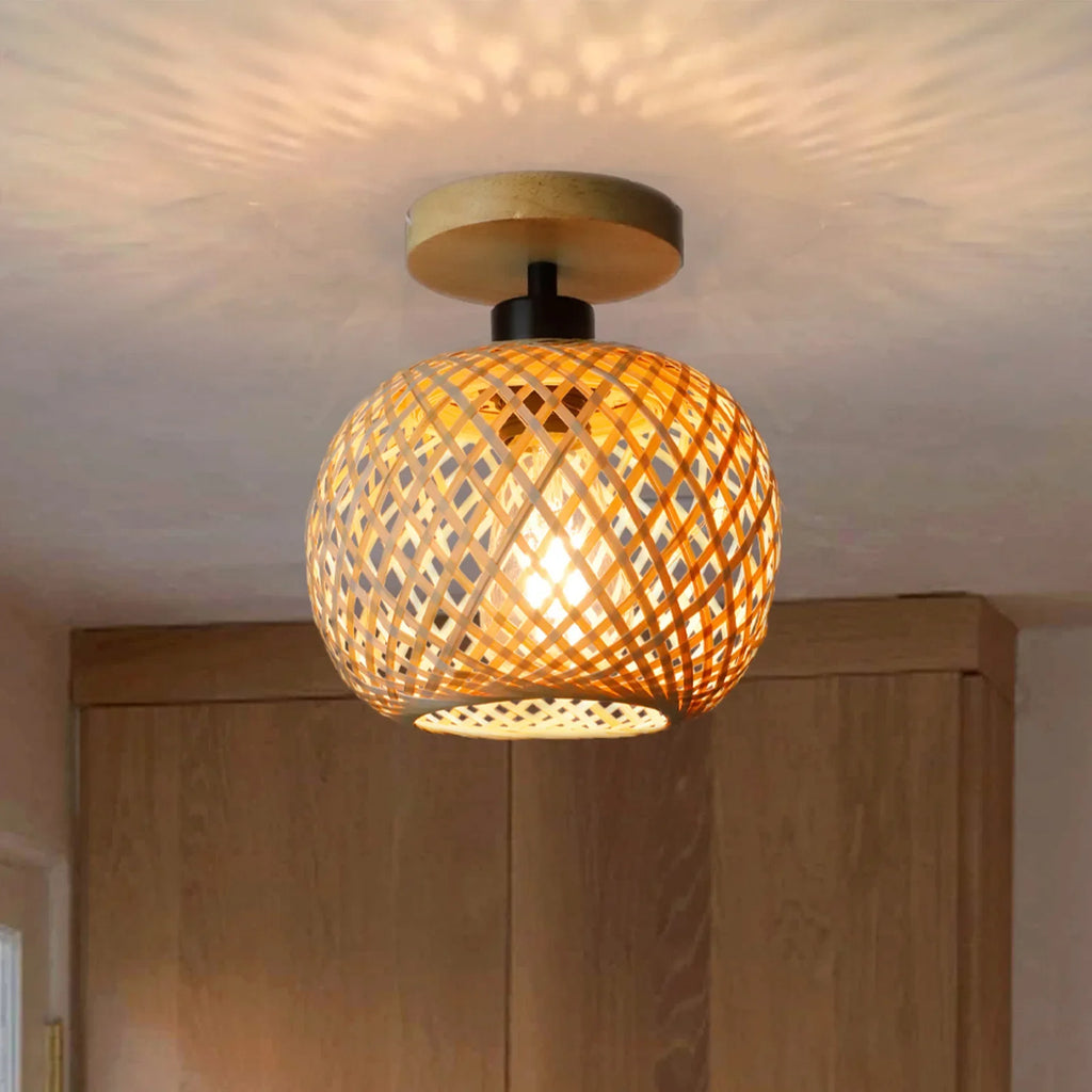 Pendant Lamp Rudolf, woven bamboo shade as a flush ceiling light casting patterned shadows