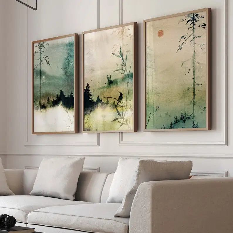 Wall Art Kvetoslava – misty bamboo landscape prints in a living room
