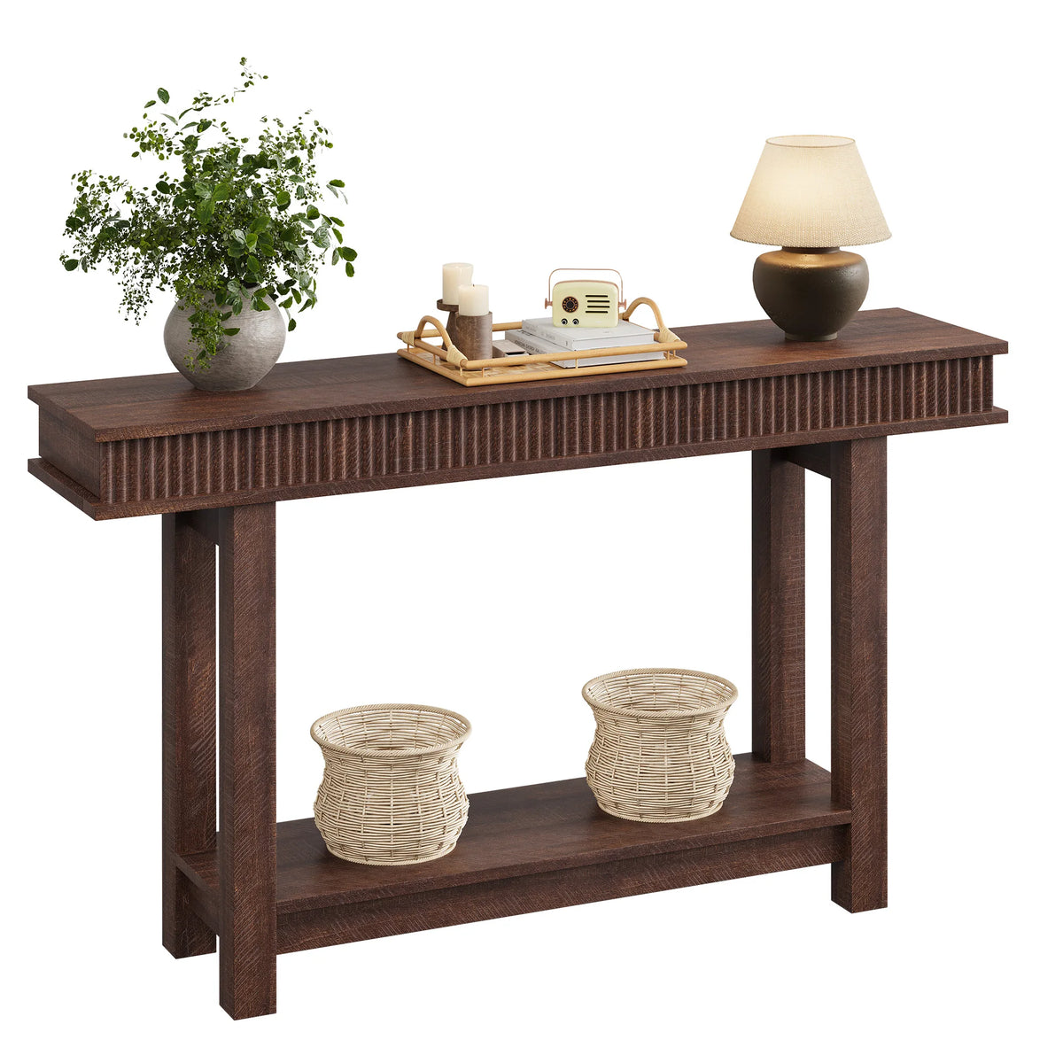 Console Table Jakub – Red Brown finish, close view of the fluted front panel