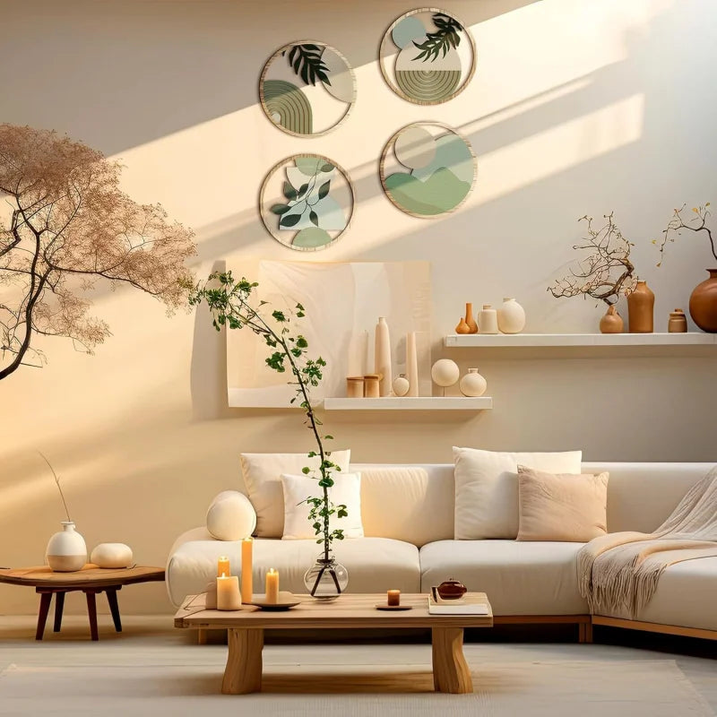 Round wooden wall pieces hung above a sofa