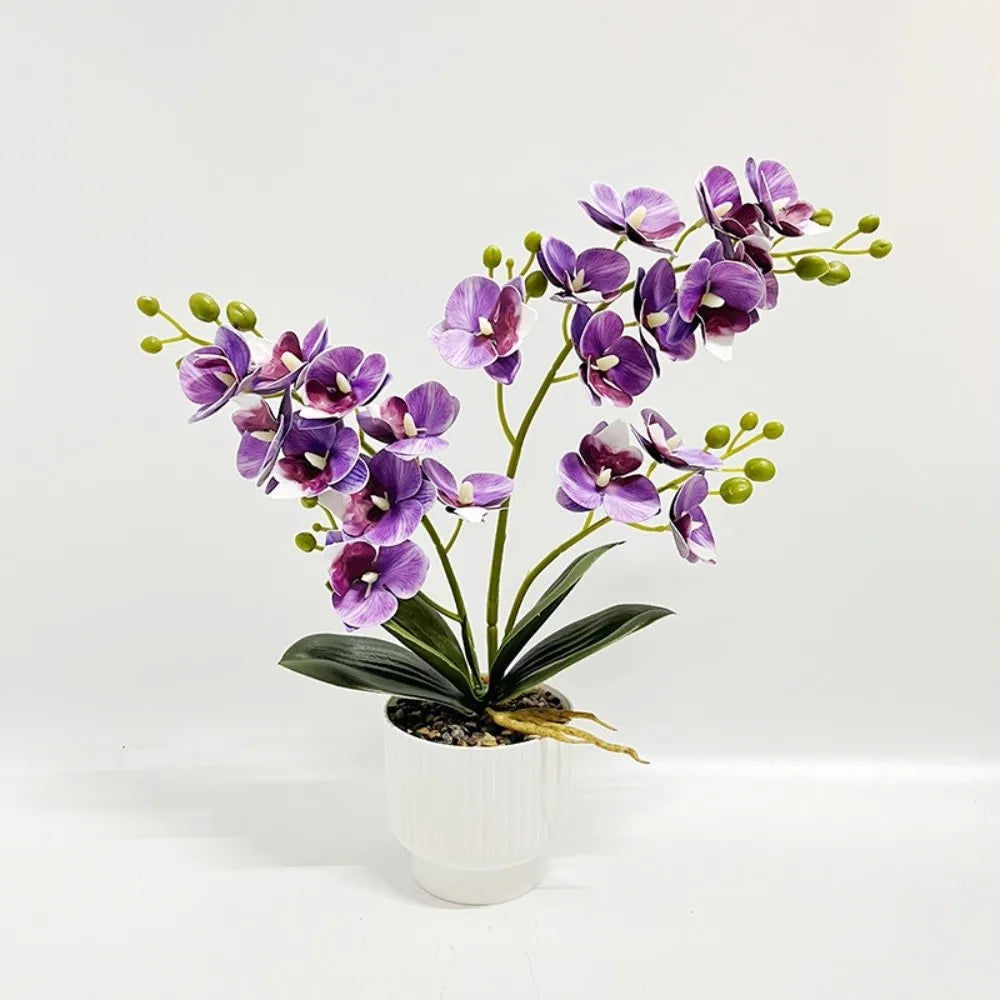 Artificial purple butterfly orchid in a ribbed white pot