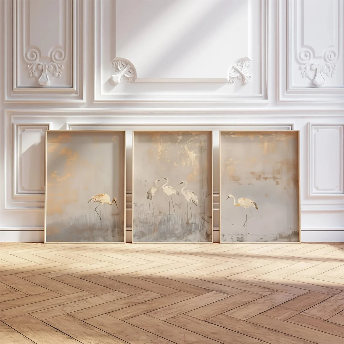 Wall Art Ingrida – set of 3 crane prints leaning on a panelled wall
