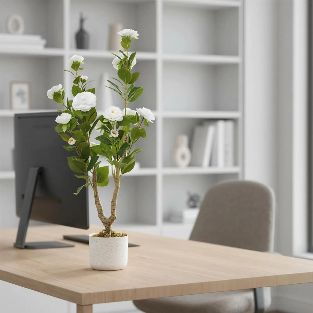 Faux camellia tree Etela on a desk in front of a bookshelf