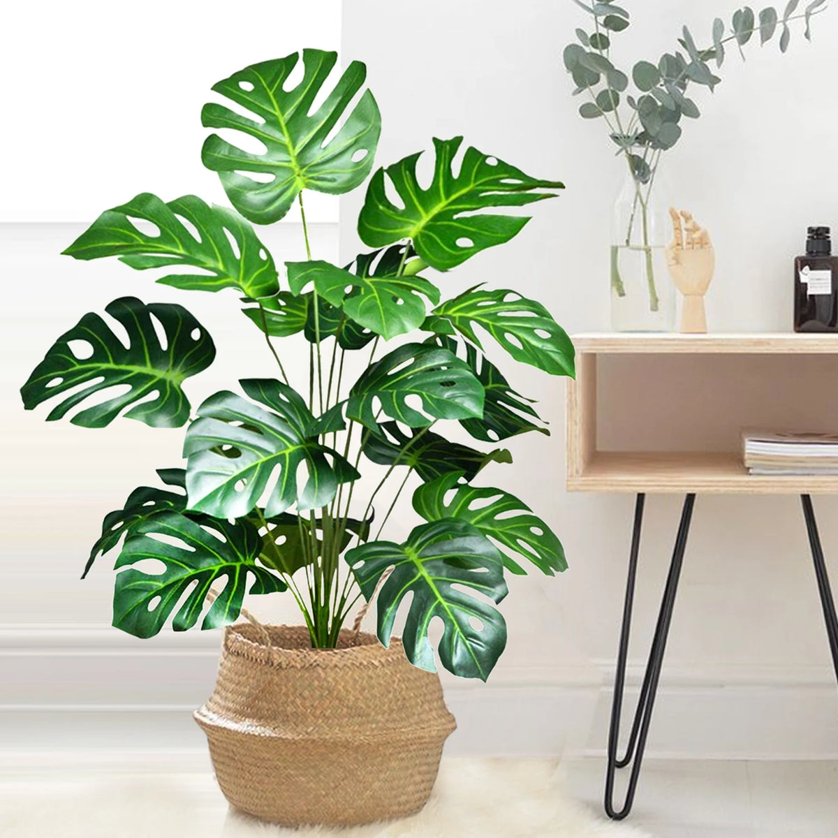 Artificial monstera Blanka in a woven basket