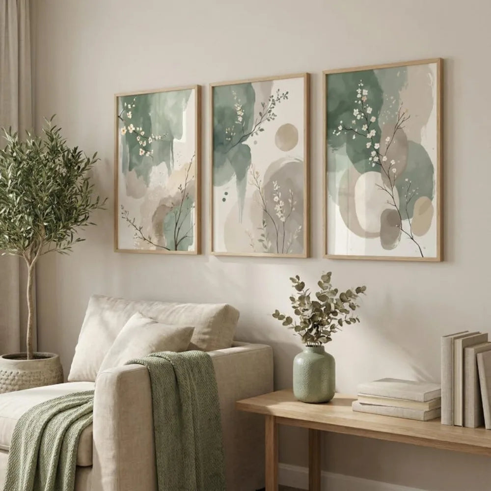 Wall Art Hortenzia – sage leaf prints above a sofa and console table