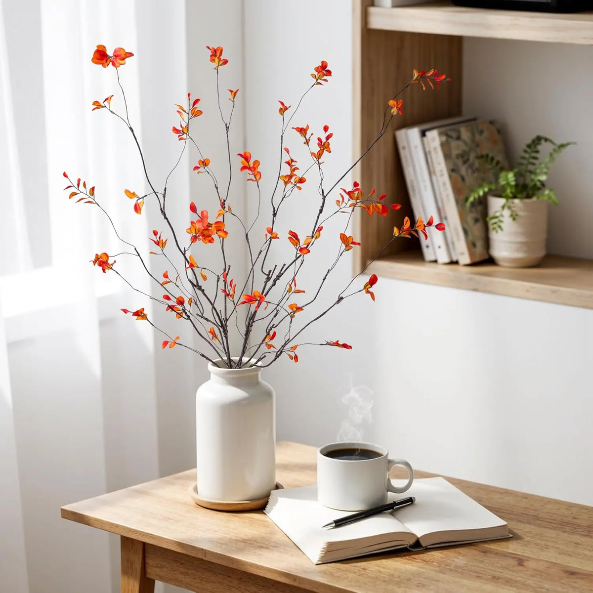 Autumn branches in a white vase beside a cup and book